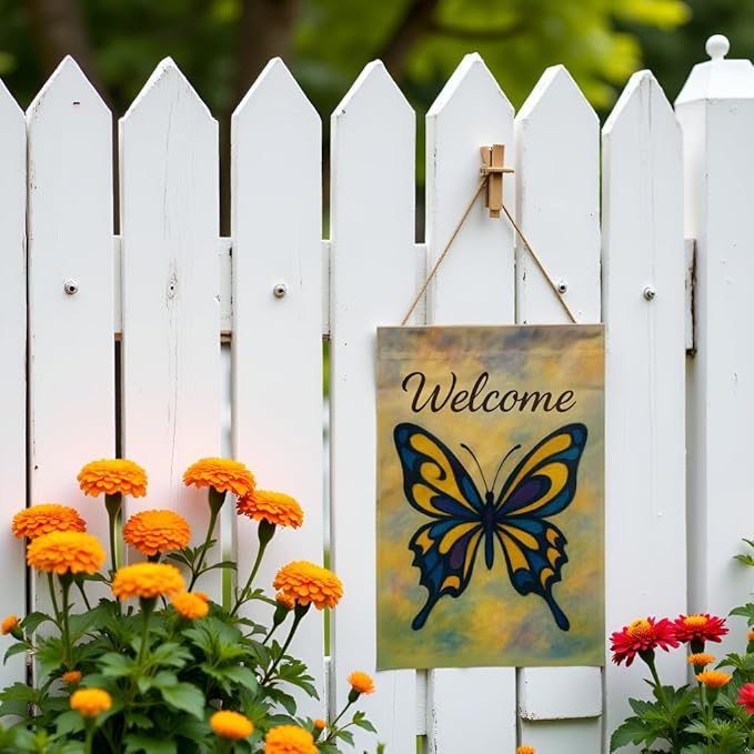 FLAGMEUP8386 Welcome Butterfly Garden Flag 12x18 Inch Double-Sided Polyester Yard Banner with Swallowtail Artistic Blue & Yellow Design, Outdoor Décor for Fall Gardens Seasonal Greetings