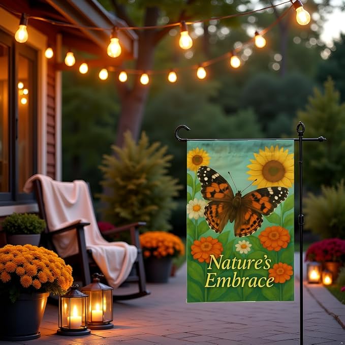 FLAGMEUP8386 Welcome Butterfly Garden Flag 12x18 Inch Double-Sided Polyester Fall Flag with Monarch and Painted Lady, Sunflowers and Orange Blooms, “Nature’s Embrace Quote Outdoor Decoration
