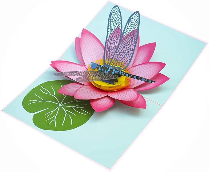 PopLife® Blue Dragonfly and Lotus 3D Pop Up Card - Mother's Day, Valentine's Day, Birthday, Thank you, Get Well, Anniversary - for Friends, Sister, Wife, Grandma, Daughter, Girlfriend