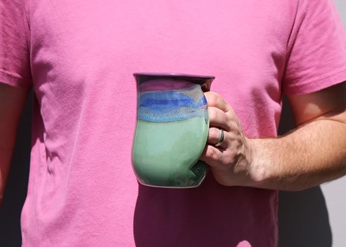 Clay in Motion Hand Warmer Coffee Mug – Handmade Coffee Mug With Comfortable Handle Contoured Pocket Hand Warming Ceramic Coffee Mug – Proudly Made in USA – Left Handed – 14 Oz - Mossy Creek