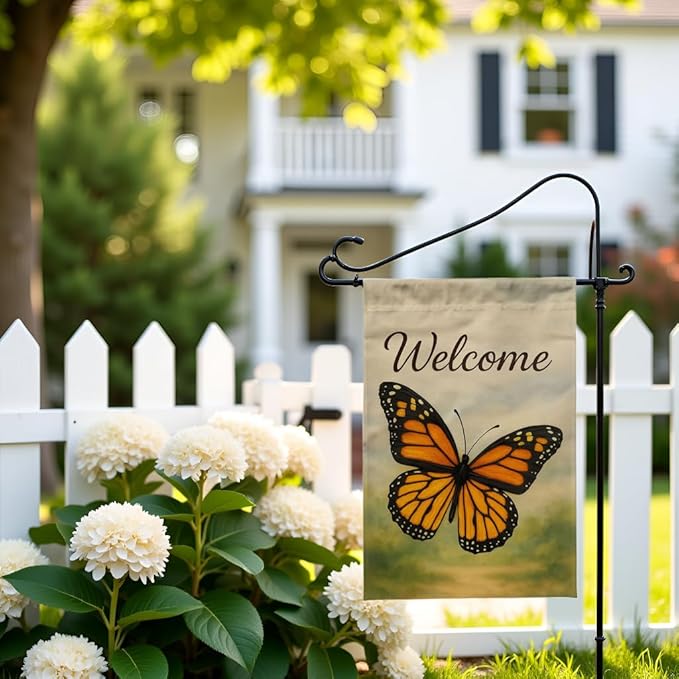 FLAGMEUP8386 Welcome Monarch Butterfly Garden Flag 12x18 Inch Double-Sided Polyester Yard Banner with Bright Wings, Outdoor Decorative Flag for Garden, Patio, Porch, Families, Seasonal Celebrations