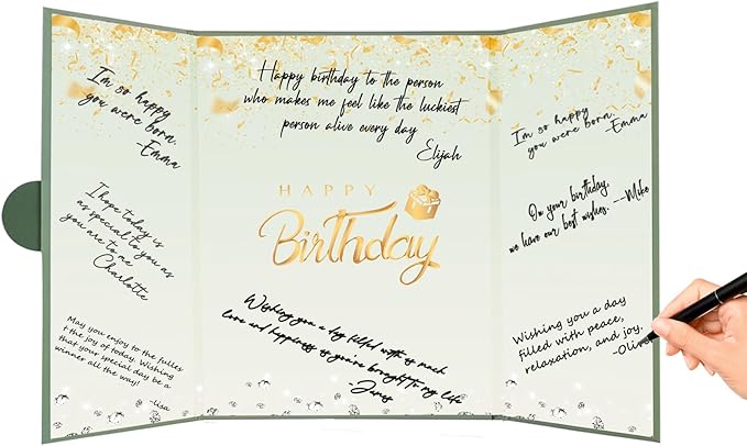 Crenics Green and Gold Birthday Decorations for Women Men, Creative Birthday Guest Sign in Book Alternative, Happy Birthday Signature Book 18" x 12", Great Birthday Gifts for Girls or Boys