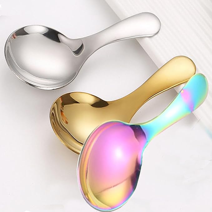 6 Pcs Stainless Steel Mini Spoon Short Handle Small Round Suitable For Dessert, Tea, Coffee, Cake, Sugar, Ice Cream Coffee Tea Spoon. (Phantom A)