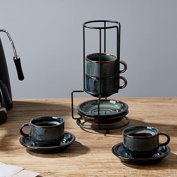 JIEMEI HOME Porcelain Stackable Espresso Cups with Saucers and Metal Stand, 4 Ounce Demitasse Cups for Specialty Coffee Drinks, Latte, Tea Set of 4, Stackable Espresso Mugs, Green & Blue