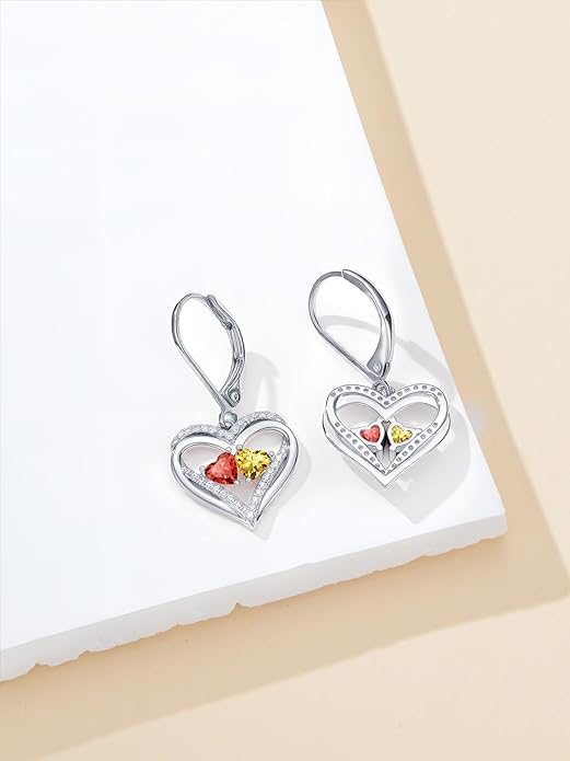 Heart Leverback Earrings Double Birthstone Dangle Earrings for Women, Love Jewelry for Her, Christmas Gifts for Women, Anniversary Birthday Gift for Mom Wife Girlfriend