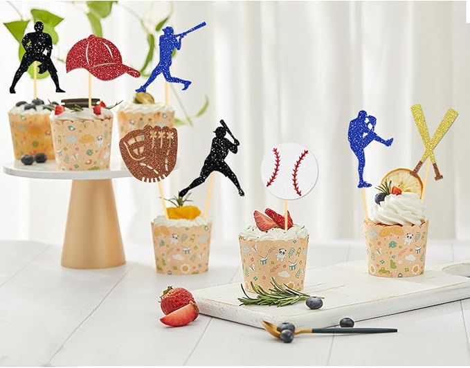 24Pcs Glitter Baseball Cupcake Toppers - Baseball Party Decorations, Including Player Toppers for Baby Showers