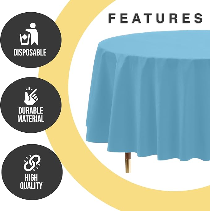 Exquisite 66% Thicker Premium Sky Blue Round Tablecloth 0.5 Mil 24 Pack Plastic Table Cloth Disposable 84 Inch Round Plastic Tablecloth Won't Tear Easily Like Cheap Thin Brands