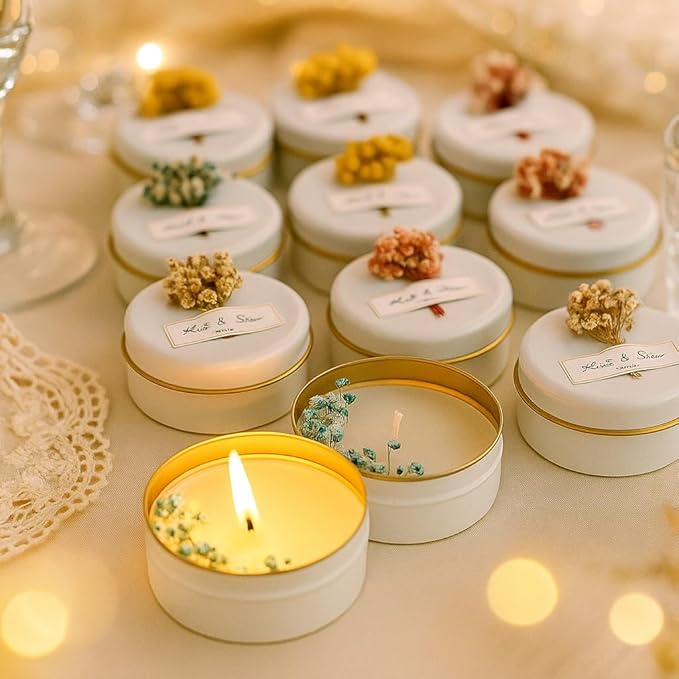 Personalized Natural Soy Wax Wedding Favor Candle Gift Set for Guest - Fall Winter Christmas Custom Dried Flower Bridal Baby Shower Gifts in Bulk (30 Pieces, White Flower)