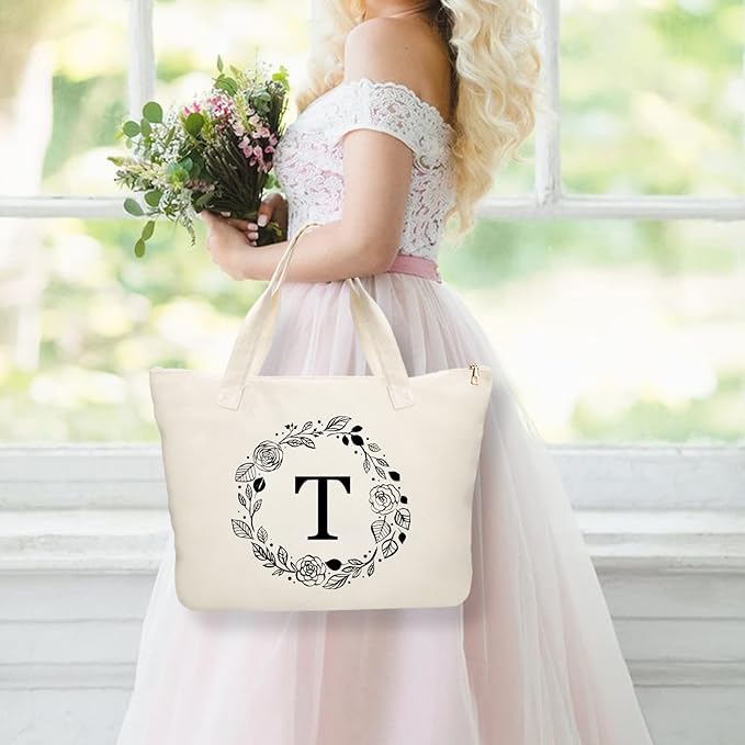 Personalized Initial Canvas Tote Bag with Zipper, Present Bag with Inner Pocket & Make Up Bag, Great Gifts for Women, Mom, Teachers, Friends, Bridesmaids