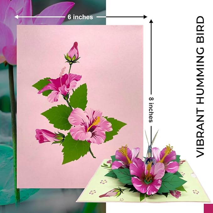 iGifts And Cards 3D Hibiscus Blue Hummingbird Greeting Pop Up Card 6" x 8" with Envelope β Stunning Pop-Up Floral Gift β Bird and Flower Lovers Card for Birthday, Mother's Day, or Thinking of You