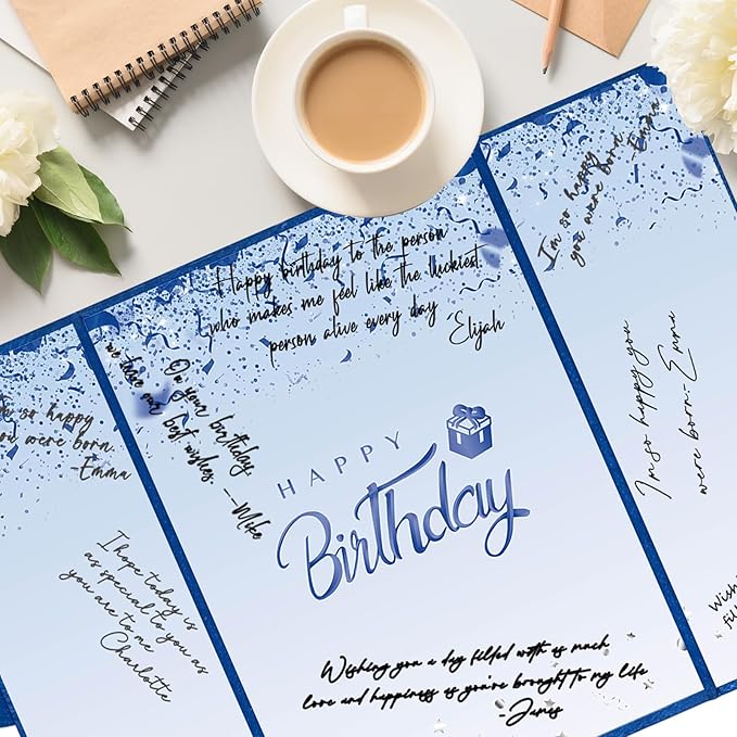 Crenics Blue Birthday Decorations for Women Men, Creative Birthday Guest Sign in Book Alternative, Happy Birthday Signature Book 18" x 12", Awesome Birthday Gifts for Girls or Boys