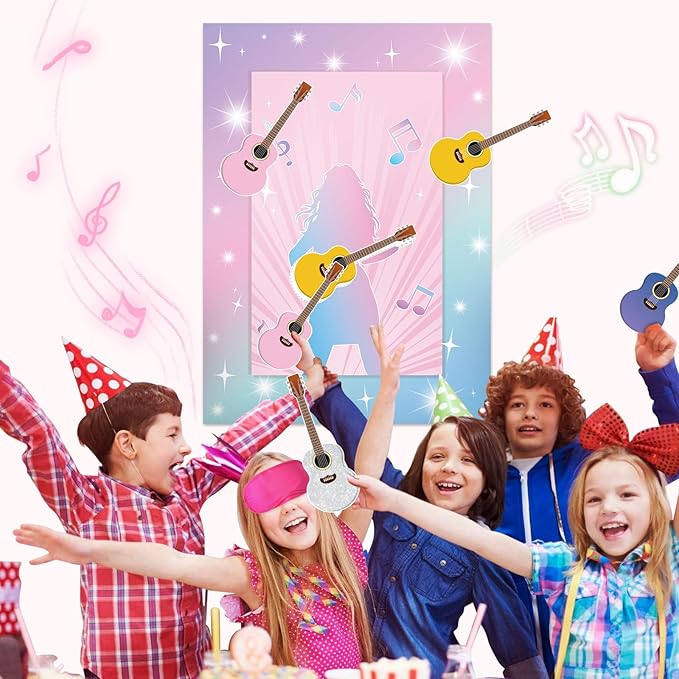 Hooqict Pin The Guitar on The Music Super Star Party Games for Kids Music Birthday Party Decorations Pink Girls Party Favors Supplies, Large Pin The Games Poster with 32 Guitar Stickers