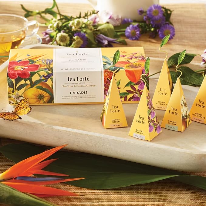 Tea Forte Paradis Petite Presentation Box Tea Gift Set Sampler, 10 Count, 2 of Each Variety Individually Wrapped Handcrafted Pyramid Infuser Bags