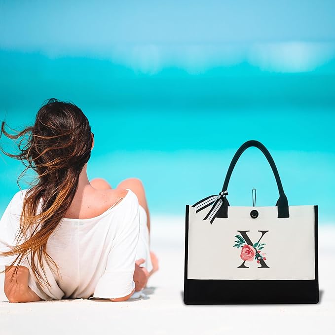 Initial Canvas Tote Bag, Personalized Birthday Gifts for Women Mom Friends Teachers, Monogrammed Tote Bags Suitable for Mother's Day Wedding Beach (Letter X)