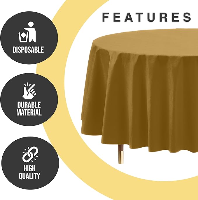 Exquisite 66% Thicker Premium Gold Round Tablecloth 0.5 Mil 12 Pack Plastic Table Cloth Disposable 84 Inch Round Plastic Tablecloth Won't Tear Easily Like Cheap Thin Brands