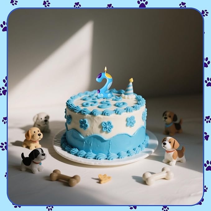 Blue Dog Paw Birthday Candles Cake Topper Numeral Birthday Candles for Boy Girl Dog Paw Decoration(Number 2)
