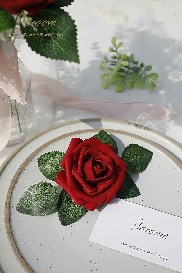 Floroom Artificial Flowers 25pcs Real Looking Dark Red Ombre Colors Foam Fake Roses with Stems for DIY Wedding Bouquets Bridal Shower Centerpieces Floral Arrangements Party Tables Home Decorations