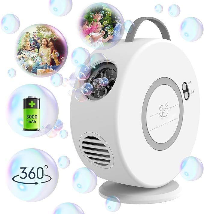 Bubble Machine for Kids Toddlers,Automatic Bubble Blower Rechargeable, 90° 360° Auto Rotatable Portable Bubble Maker Electric Bubbles Toy for 3 4 5 6 7 8 Year Old, Outdoor Wedding Party Gifts