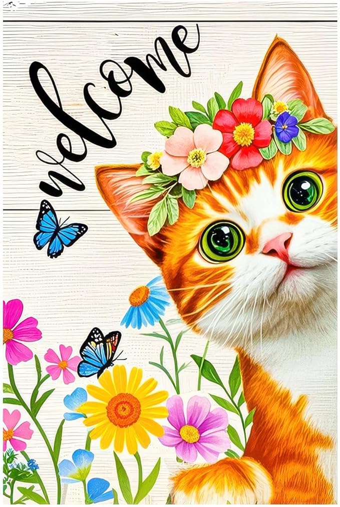 BlissYard Spring Welcome Garden Flag 12x18 Inch Double Sided Cat Flowers Small Flags For Outside Outdoor Decor Farmhouse Holiday Spring Summer Seasonal Decorations Yard Flags