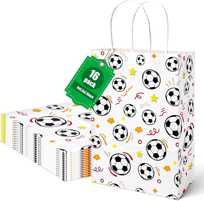 VGOODALL 16 Pack Soccer Goodie Bags, 5.5"x2.8"x8" Party Favor Bags with Handles for Kids Birthdays, Sports Theme Decorations, Gift Giving Bulk Supplies