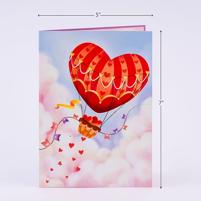 Heart Hot Air Balloon Pop Up Card, Cloud, Love 3D Popup Greeting Cards, Gifts For Valentines, Birthday, Mothers Day, Anniversary, Thinking Of You, 5x7 - Includes Envelope And Message Note