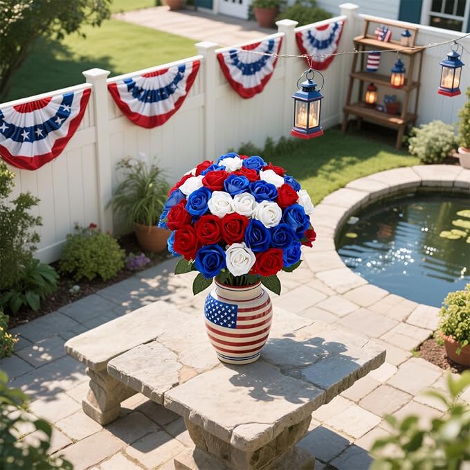 24 Roses Artificial Flowers 4th of July Decorations, Red White and Blue Patriotic Flower Arrangement, Realistic Fake Velvet Silk Roses with Stems in Bulk for Memorial Day Centerpiece Home Decor