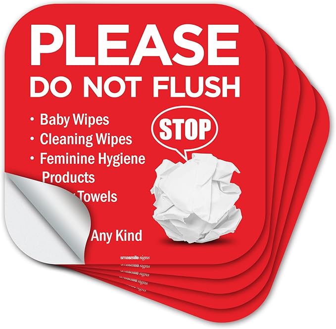 Please Do Not Flush Sign 5 Pack 6"x 6" Please Do Not Flush Anything Except Toilet Paper Sign Self Adhesive Decal