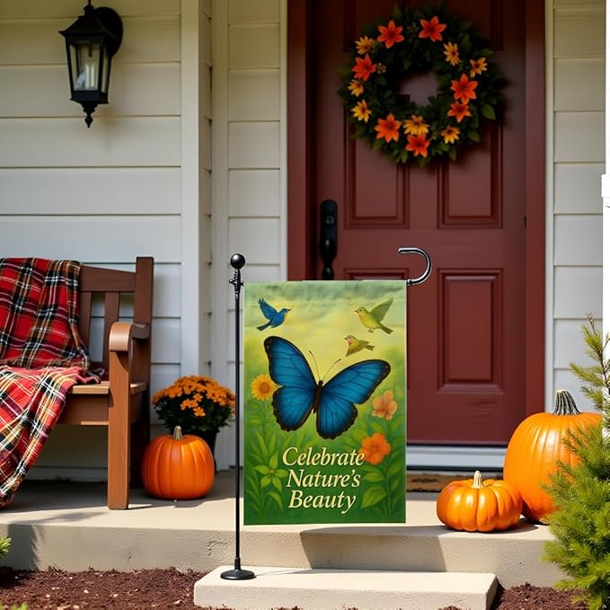 FLAGMEUP8386 Welcome Butterfly Garden Flag 12x18 Inch Double-Sided Polyester Yard Banner with Blue Morpho Songbirds, Fall Flag for Autumn Yard Displays with Celebrate Nature’s Beauty Quote