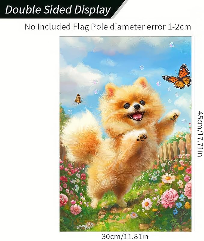 BlissYard Welcome Garden Flag Spring Summer Dog Garden Flag 12x18 Inch Double Sided Flags Pomeranian Puppy Butterfly Floral Outdoor Yard Lawn Porch Patio Decor Banner
