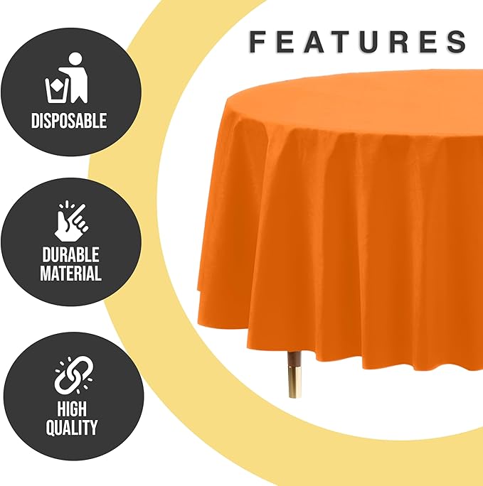 Exquisite 66% Thicker Premium Orange Round Tablecloth 0.5 Mil 24 Pack Plastic Table Cloth Disposable 84 Inch Round Plastic Tablecloth Won't Tear Easily Like Cheap Thin Brands