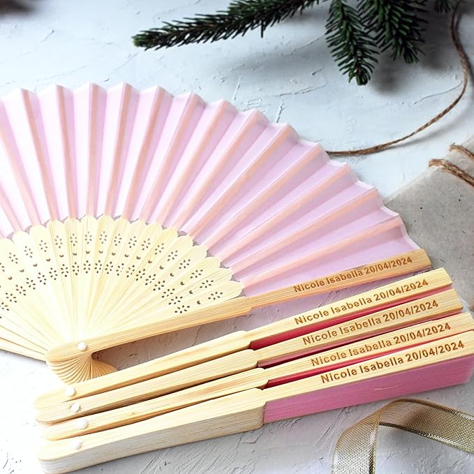 150 Pcs Personalized Pink Wedding Folding Fans for Guests, Custom Engraved Summer Wedding Fans, Folded Hand Fans for Wedding Favors, Vintage Silk Handheld Fans for Bridal Shower Decorations