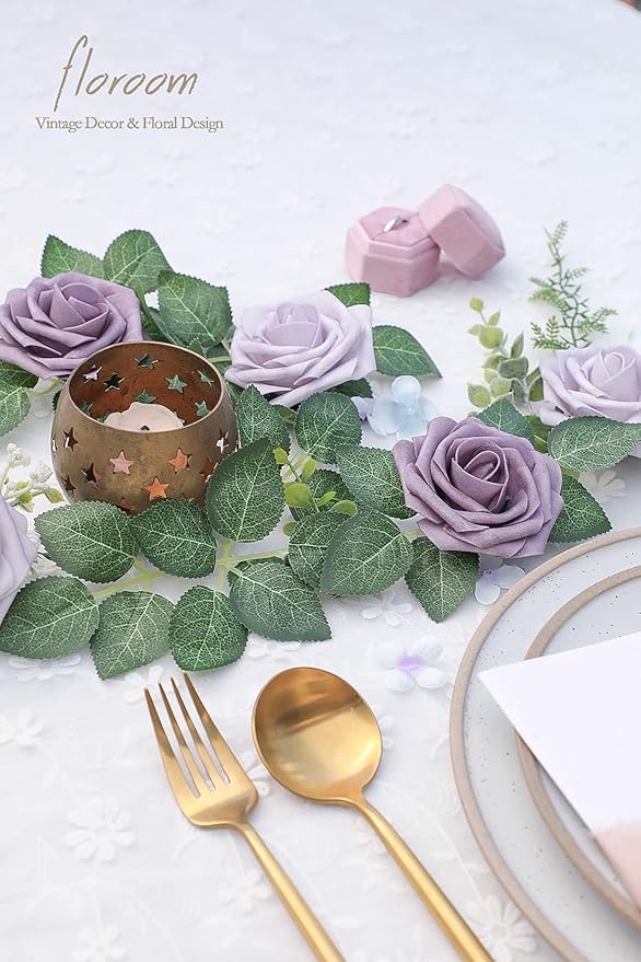 Floroom Artificial Flowers 25pcs Real Looking Lavender African Violet Purple Foam Fake Roses with Stems for DIY Wedding Bouquets Bridal Shower Centerpieces Floral Arrangements Party Tables Decorations