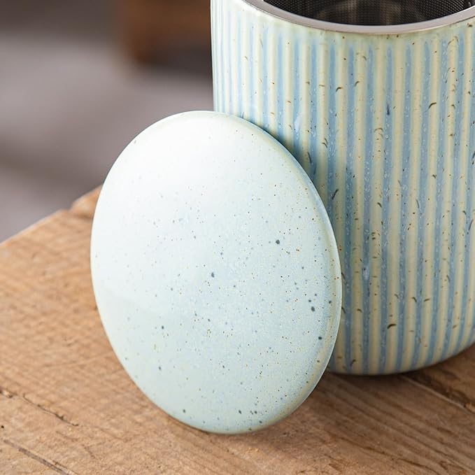 Yundu 15.5oz/470ml Flambe Blue Ceramics Teacups with Infuser and Lid, Loose Leaf Tea Cup