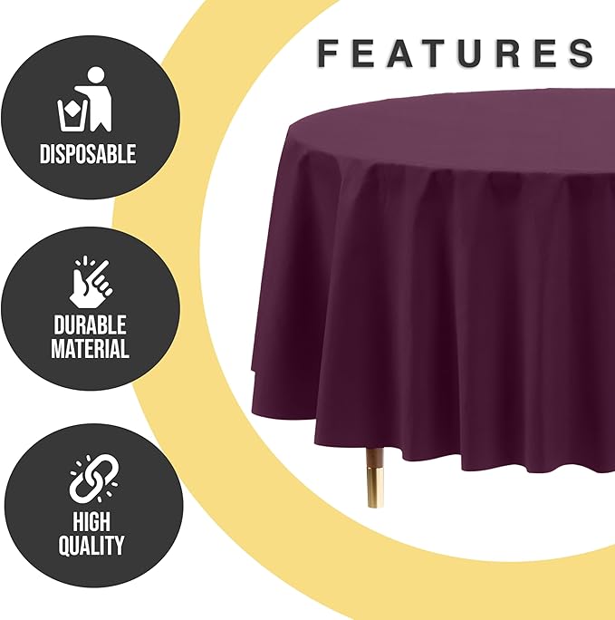 Exquisite 66% Thicker Premium Plum Round Tablecloth 0.5 Mil 6 Pack Plastic Table Cloth Disposable 84 Inch Round Plastic Tablecloth Won't Tear Easily Like Cheap Thin Brands