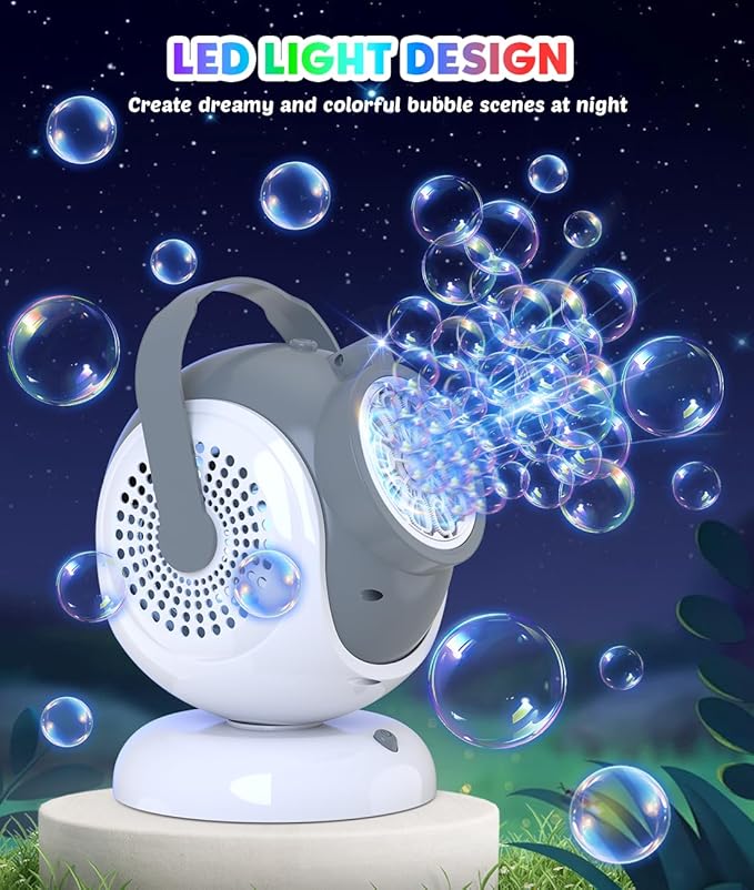 Rechargeable Bubble Machine, Automatic 360° Rotation, 75° Adjustment Bubbles Blower with 10 Large Holes Wands for Kids, Toddlers Outdoor Play, Wedding, Birthday Party, Gifts Toys for Boys, Girls
