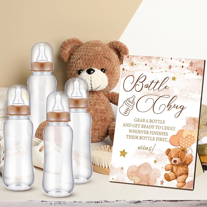 Bear Cool Baby Shower Games Bottle Chug Sign Wooden Brown Theme Gift Sets Gender Reveal Party Favors and 12 Pcs Baby Bottle Shower Favor for Gender Reveal Party Decor(Bear)