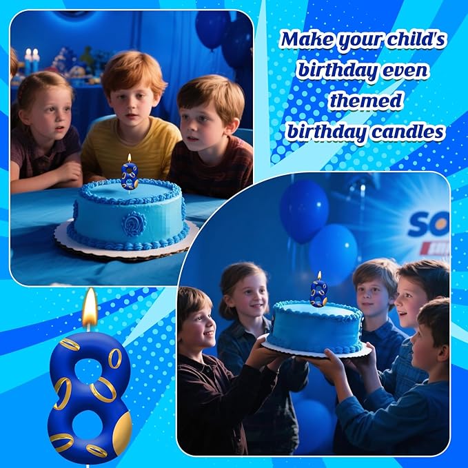 Birthday Cake Candles - Blue and Golden Ring Number Candles with Vibrant Designs for Boys & Girls, Theme Birthday Party Decorations,Cake Toppers for Theme Parties(Number 8)