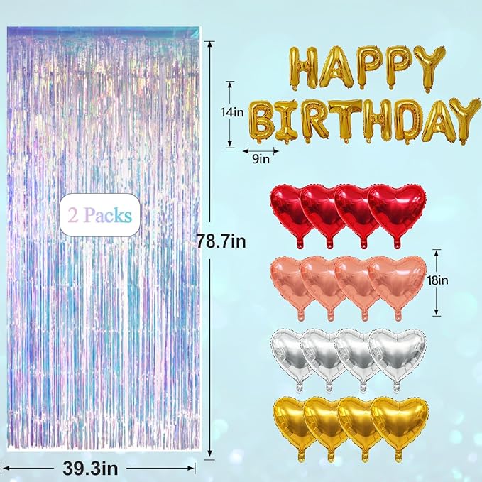 77Pcs Iridescent Birthday Party Decorations Kit, Happy Birthday Banner, Neon Transparent Holographic Tinsel Foil Backdrop, 4 Colors Foil Heart Balloons with Colorful Balloons Mermaid Frozen Sea Decor