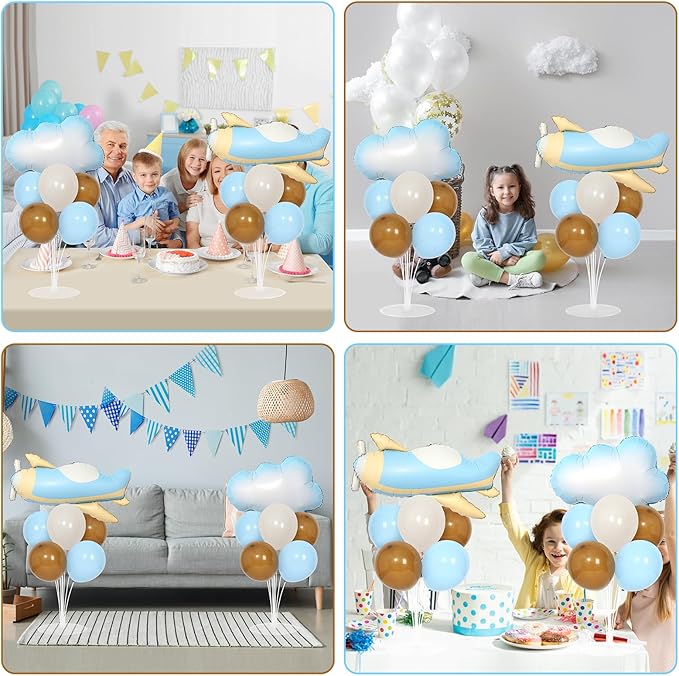 Airplane Baby Shower Birthday Party Decorations Balloons Stand Kit 2 Sets with 2 Airplane Cloud Foil Balloons Baby Boy Shower Balloon Centerpiece for Table for Kid Time Flies 1st Birthday Party Decor