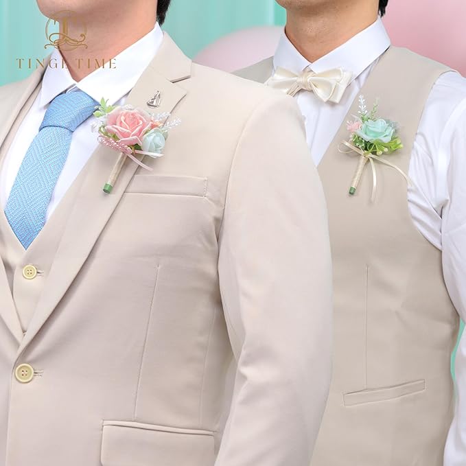 TINGE TIME Boutonniere for Men Wedding,Groom and Best Man Boutonniere for Wedding Ceremony Anniversary, Formal Dinner Party and Rustic Spring Wedding Marriage (10, MintGreen&Pink)