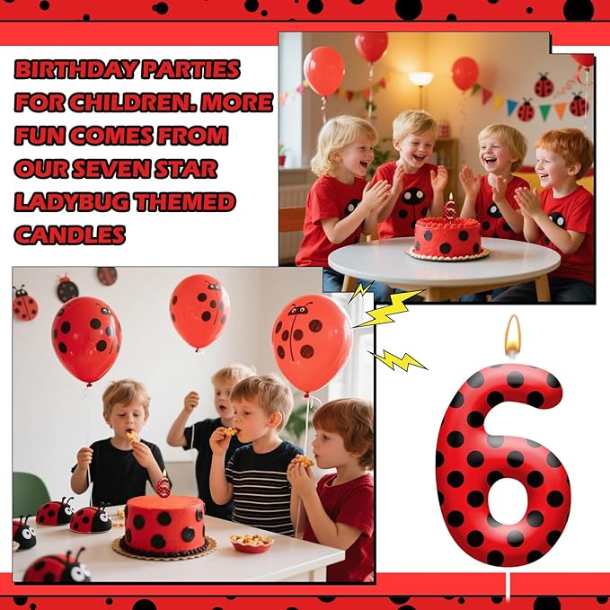Ladybug Theme Birthday Candles - Red & Black Polka Dot Decorative Candles for Kids Ladybug Themed Parties, Baby Showers, Birthday Cakes, and Ladybird Inspired Celebrations(Number 6)