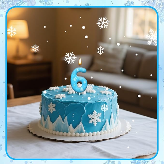White and Blue Frozen Themed Party Birthday Candles - Blue Number Candles Snowflake Themed Party Decorations, Girls Party Supplies(Number 6)