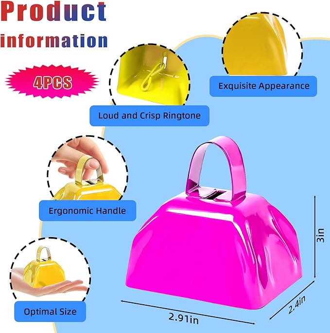 Cow Bells Noise Makers for Sporting Events, 4PCS Metal Cowbells with Handle - Small Loud Bell Bulk Hand Percussion Noisemakers for Football Games Graduation Sporting Events Weddings