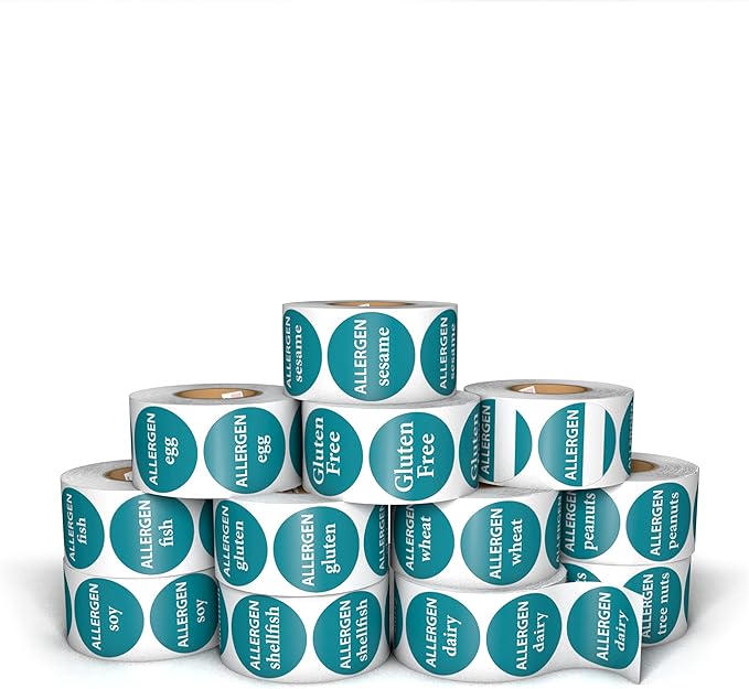 Kenco Allergen Warning Stickers - 1" Circle Label, 1,000 Allergy Warning Labels Per Roll in Universal Allergy Awareness Colorway (12 Pack, Shellfish)