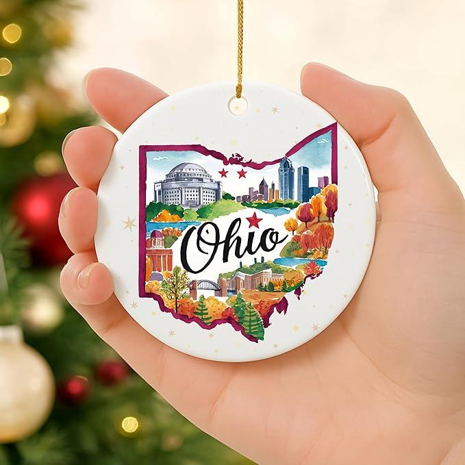 USA State Landmark Ceramic Ornament β Round Glossy Christmas Decoration Featuring U.S. State Art, Landmarks & Holiday Scenery β Collectible Travel Souvenir Ornament Series (Ohio)