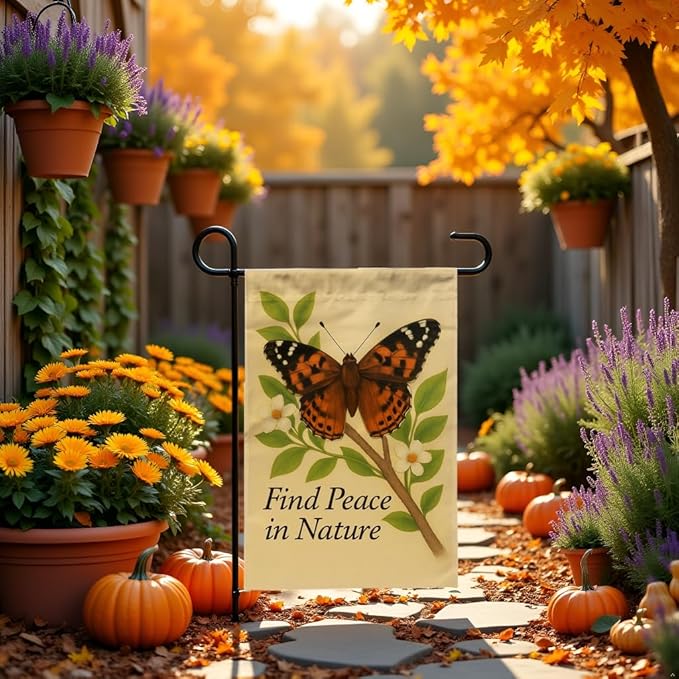 FLAGMEUP8386 Welcome Butterfly Garden Flag 12x18 Inch Double-Sided Polyester Fall Flag with Painted Lady on Branch and Blossoms, “Find Peace in Nature Quote Seasonal Lawn Decoration