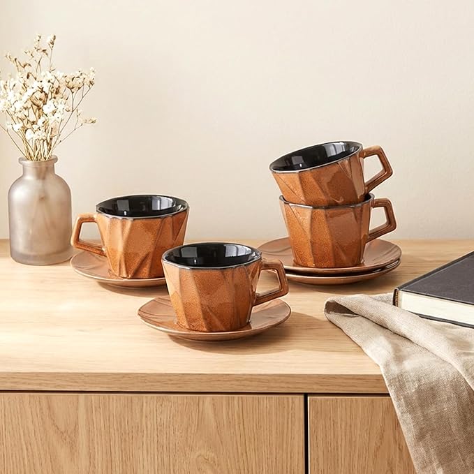 Ceramic Espresso Cups with Saucers 6 oz,Coffe Cups for Cappuccino,Latte,Tea with Saucers Set of 2 - Geometry - Brown