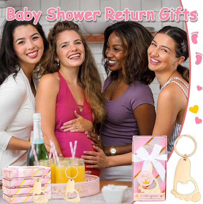 24Pcs Baby Girl Foot Keychain Footprint Bottle Openers Small Foot Bottle Opener Keychain Souvenir for Guests Baby Shower Return Gift for Party Favors with Pink Boxes Gifts or Decorations
