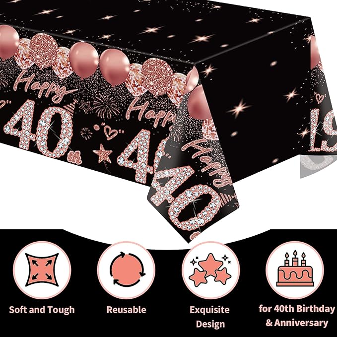2pcs 40th Birthday Tablecloth, Black Rose Gold 40th Birthday Decorations for Woman Vintage 1986 Table Cloth Plastic Rectangular Table Cover Happy 40 Anniversary Party Supplies