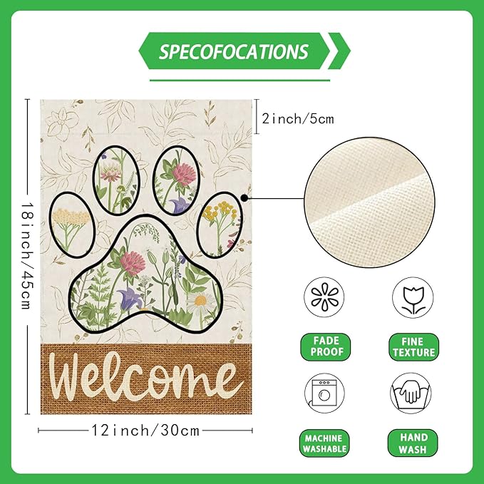 ZAEW Welcome Dog Paw Large Wildflowers Leaves Spring House Flag Burlap 28X40 Inch Vertical Double Sided Outside Yard Holiday Outdoor Farmhouse Decoration